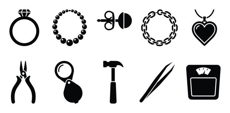 Collection of jewelry items and tools, vector illustration of precious stones, craft equipment