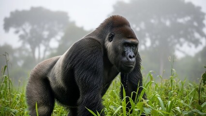 Naklejka premium Majestic Silverback Gorilla Standing Proudly in Lush Green Forest.