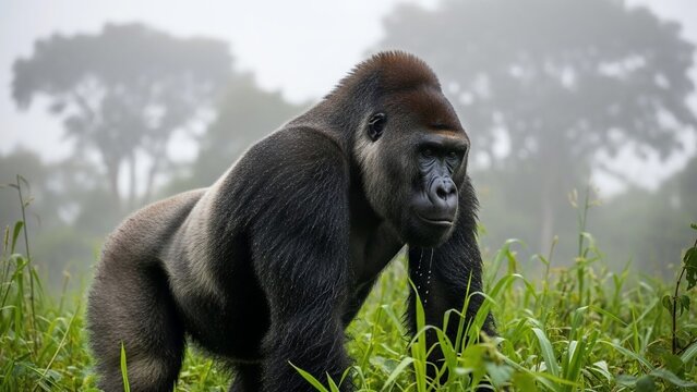 Majestic Silverback Gorilla Standing Proudly in Lush Green Forest.
