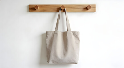 Blank beige canvas tote bag hanging on wooden rack mockup. Eco friendly cotton shopper bag isolated on white wall background with copy space for branding design.