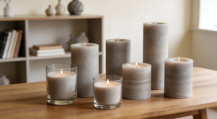 Naklejka premium Set of grey pillar and glass candles on wooden table in modern home interior