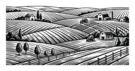 Fototapeta premium Detailed farm landscape with barns, tractors, fields, fences, trees on rolling hills under wide sky.