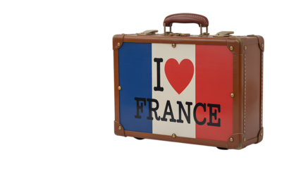 Vintage leather suitcase featuring "I Love France" design with a French flag background against a white background