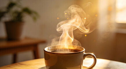Steaming hot coffee cup on wooden table in morning sunlight with rising vapor and bokeh background