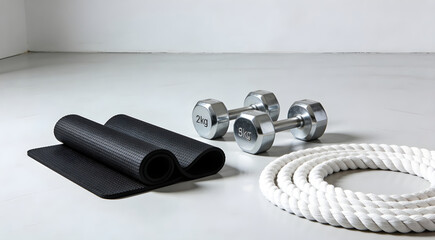 Fitness equipment set on white floor including chrome dumbbells black yoga mat and white heavy rope for home gym workout and exercise concept