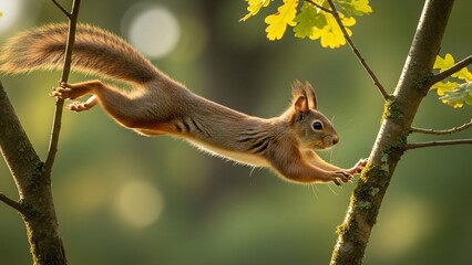 Obraz premium Red Squirrel Leaping Between Tree Branches in Golden Sunlight.