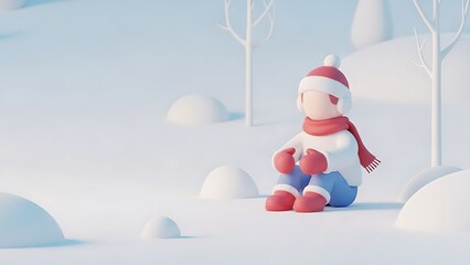Minimalist 3d character sitting alone in a vast white snow landscape with bare winter trees