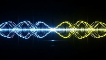 Abstract Blue And Yellow Light Waves Visually Representing Sound Frequencies Or Digital Data On A Dark Background.