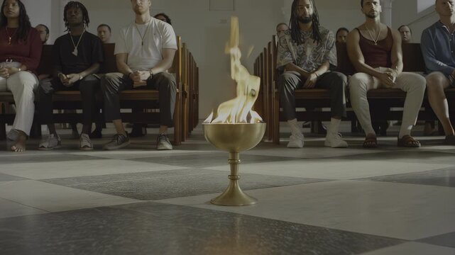Congregation seated in rows with burning brazier