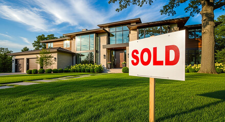 Large modern luxury house green grass lawn red sold sign front yard real estate market concept successful deal buying selling property exterior