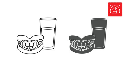 Dentures and Glass of Water Line and Glyph Icon. Full Denture Teeth Vector Illustration for Dental Care and Oral Hygiene.