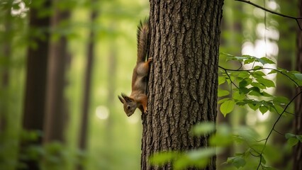 Obraz premium Squirrel on a Tree Trunk in a Lush Forest.