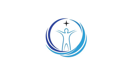 A blue circular logo featuring a human silhouette within its design