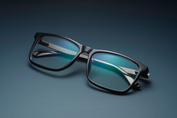 Prescription eyeglasses with blue coated lenses lie on teal background, symbolizing clear vision, focus and daily eye protection.