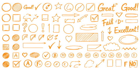 Hand drawn orange doodle sketch graphic elements set isolated isolated on white background