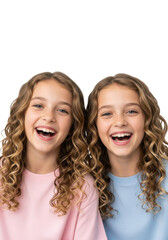 Fototapeta premium identical 11yo caucasian twin girls laughing joyfully, voluminous blonde curls, blue eyes, close-up studio portrait against transparent background. concept of sisterly bonding and happiness