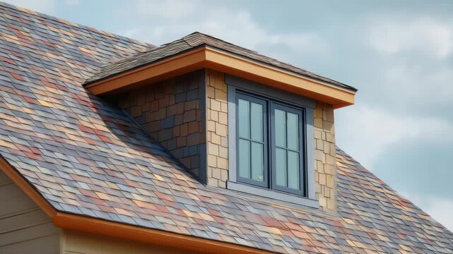 Close Up of Dormer Window on Tiled Roof under a Cloudy Sky Featuring Shades of Brown and Orange with Black Trim and Dormer Extends from the Roofline in Cloudy Background