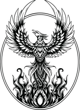 Black and white ornate phoenix vector illustration. Symbol of fire, rebirth, and eternal strength
