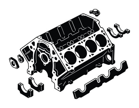 Exploded view V8 engine block. Disassembled engine components. Automotive engineering diagram. Mechanical parts illustration.