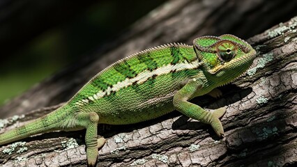Vibrant Green Chameleon Blending Seamlessly with Tree Bark in Natural Habitat.