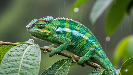 Vibrant Green Chameleon Perched on a Leafy Branch in Natural Habitat.