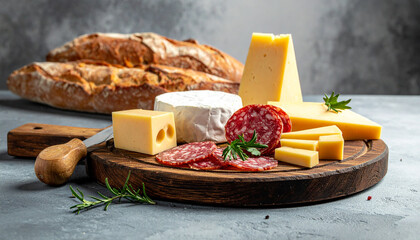 Cheese and Salami Platter with Bread and Rosemary on Wooden Board Keywords: cheese, salami