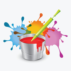 Colorful Paint Bucket with Water Gun and Splashes, Holi Festival Vector Illustration