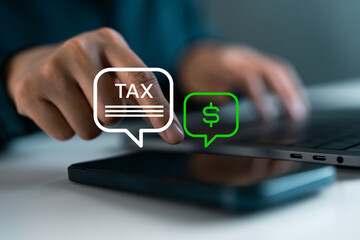 Finger touching smartphone with tax and money chat icons. Concept of digital finance, online tax filing, fintech app, electronic payment and personal financial management via mobile devices.