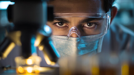 Young scientist examines samples under microscope in laboratory setting with focused expression during evening hours