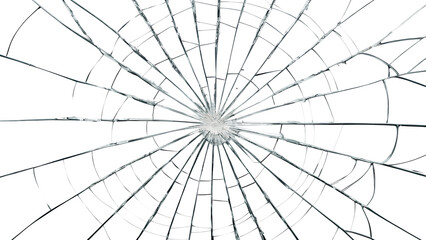 Obraz premium Close-up of shattered glass screen with spiderweb cracks isolated on transparent background
