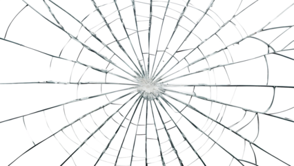 Close-up of shattered glass screen with spiderweb cracks isolated on transparent background