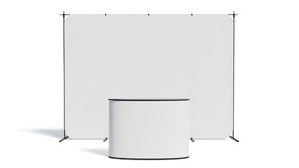 Empty white trade show booth stand featuring a promotional counter display