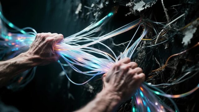 Hands pulling glowing fiber optic cables showcase mesmerizing technology and energy, creating stunning visual effect of innovation and progress