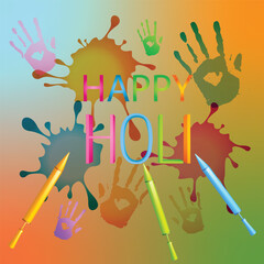 Happy Holi Festival Greeting Vector Illustration with Colorful Handprints, Water Guns, and Paint Splashes