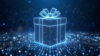 Digital Gift: A radiant, futuristic gift box, rendered in luminous blue lines, sparkles with an aura of wonder and technological innovation, promising exciting opportunities. - Powered by Adobe