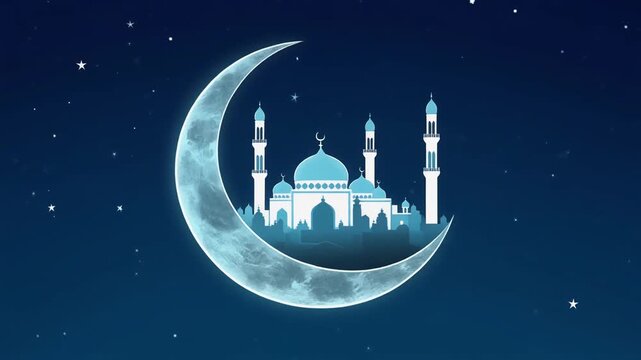 Eid Mubarak night scene with mosque silhouette in vector art