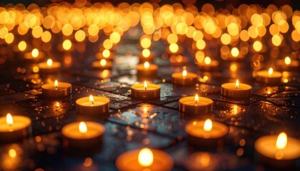 Array of glowing candles on a surface