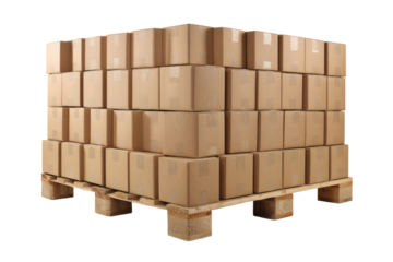 Massive stack of identical cardboard shipping boxes securely loaded onto a wooden warehouse pallet