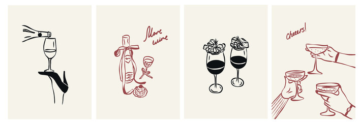 Line art whimsical retro wine party posters