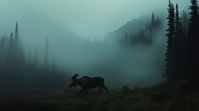 Moose in foggy forest landscape wildlife scene with mountains trees and sky