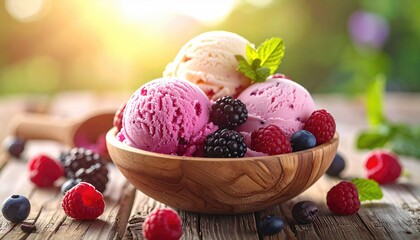 Ice cream scoops in wooden bowl outdoors