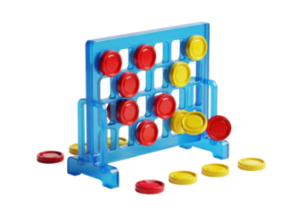 An isolated, detailed 'four in a row' strategy game set with glossy red and yellow checkers in a translucent blue grid, on a high-key transparent background. Concept of strategic leisure