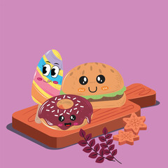 Cute Kawaii Fast Food Burger, Donut, and Candy on Wooden Board, Autumn Decoration Vector Illustration
