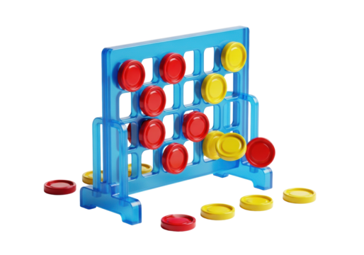 An isolated, detailed 'four in a row' strategy game set with glossy red and yellow checkers in a translucent blue grid, on a high-key transparent background. Concept of strategic leisure - Powered by Adobe