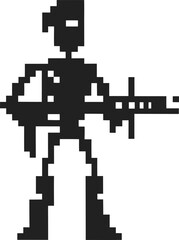Obraz premium Pixelated retro soldier character holding rifle in minimalist black silhouette, 8 bit arcade combat fighter icon on white background