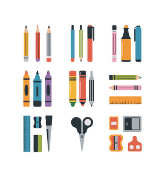Assortment of stationery supplies arranged on black background