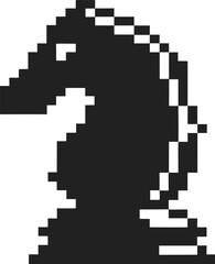 Obraz premium Pixelated black knight chess piece icon retro 8 bit horse figure silhouette, minimal digital symbol on transparent background