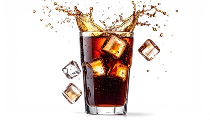 Dark soda in glass with ice splashing