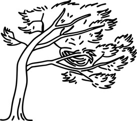 Windblown tree with bird nest in branches, simple black and white nature illustration, minimalist forest design