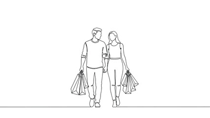 Continuous one line drawing of young couple walking together arm in arm and carrying shopping bags. Minimalist style vector illustration.